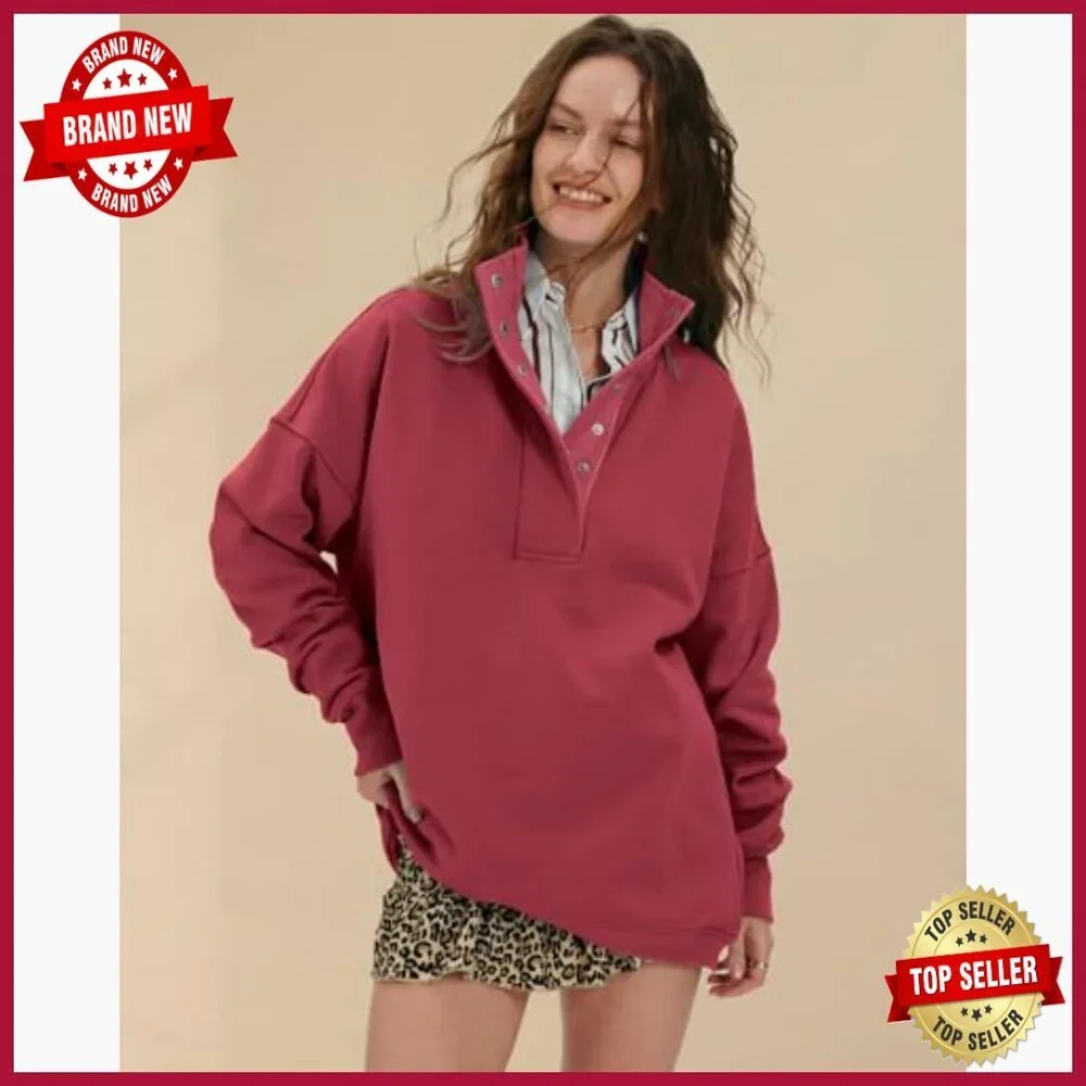 Oversized Cotton Henley Sweatshirt Long Sleeve Pullover Casual Loose Fit - Picture 5 of 7